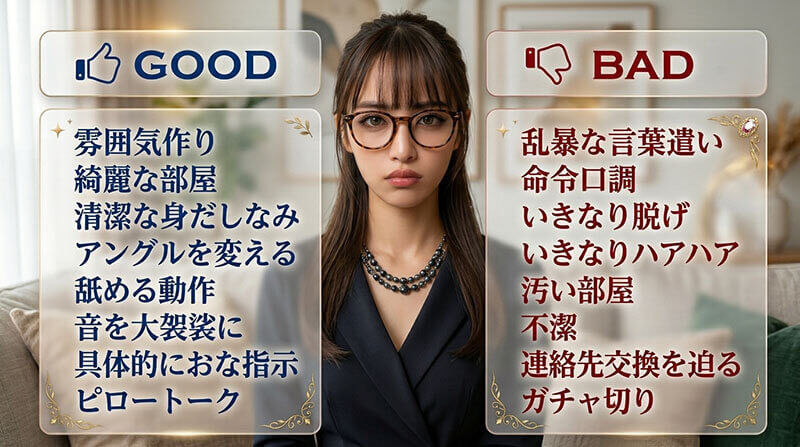 GOOD(雰囲気作り、綺麗な部屋、清潔な身だしなみ、アングルを変える、甘い言葉、音を大袈裟に、具体的な大人の指示、ピロートーク)、BAD(乱暴な言葉遣い、命令口調、いきなり脱げ、いきなりハァハァ、汚い部屋、不潔、連絡先交換を迫る、ガチャ切り)