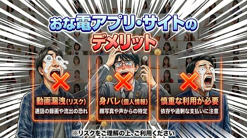 おな電アプリ・サイトのデメリット「動画漏洩リスク(通話の録画や流出の恐れ)」「身バレ個人情報(顔写真や声からの特定)」「慎重な利用が必要(依存や過剰な支払いに注意)」※リスクをご理解の上、ご利用ください